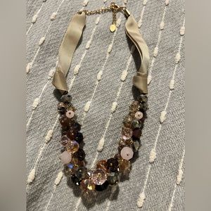 Crystal choker in pinks and mauves with taupe ribbon and chain